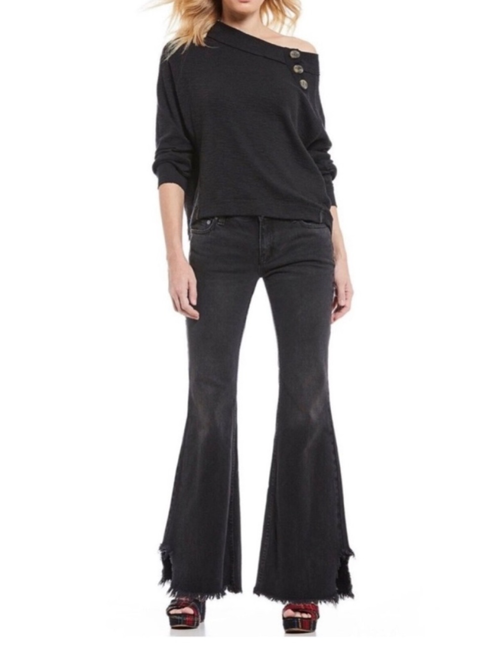We The Free Vintage Distressed Black Denim Frayed-Hem Flare Jeans | Size 29